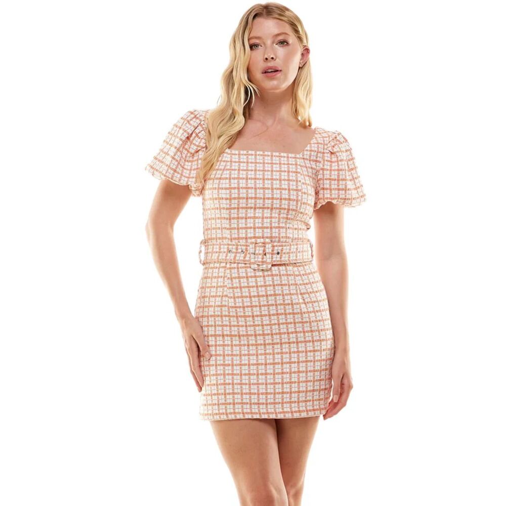Boutique Plaid Mini Dress Puff Sleeves Women's Large Orange Belted Preppy NWT